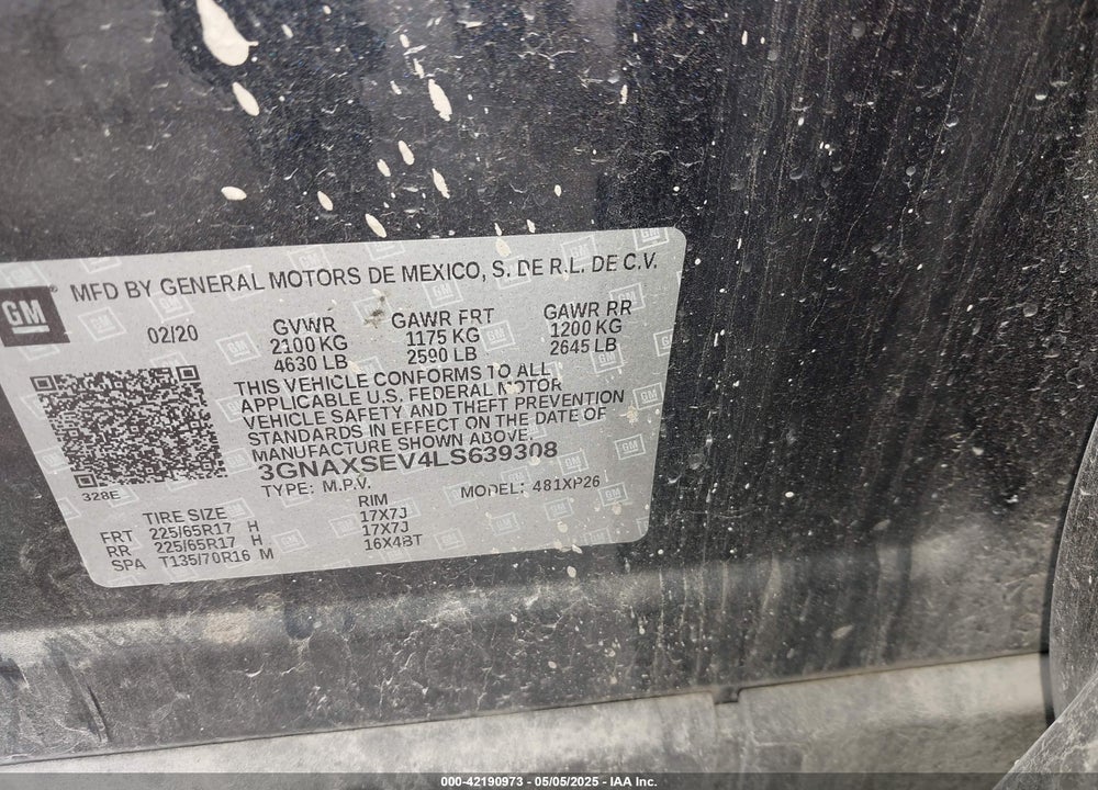 2020 CHEVROLET EQUINOX AWD LS VIN: 3GNAXSEV4LS639308