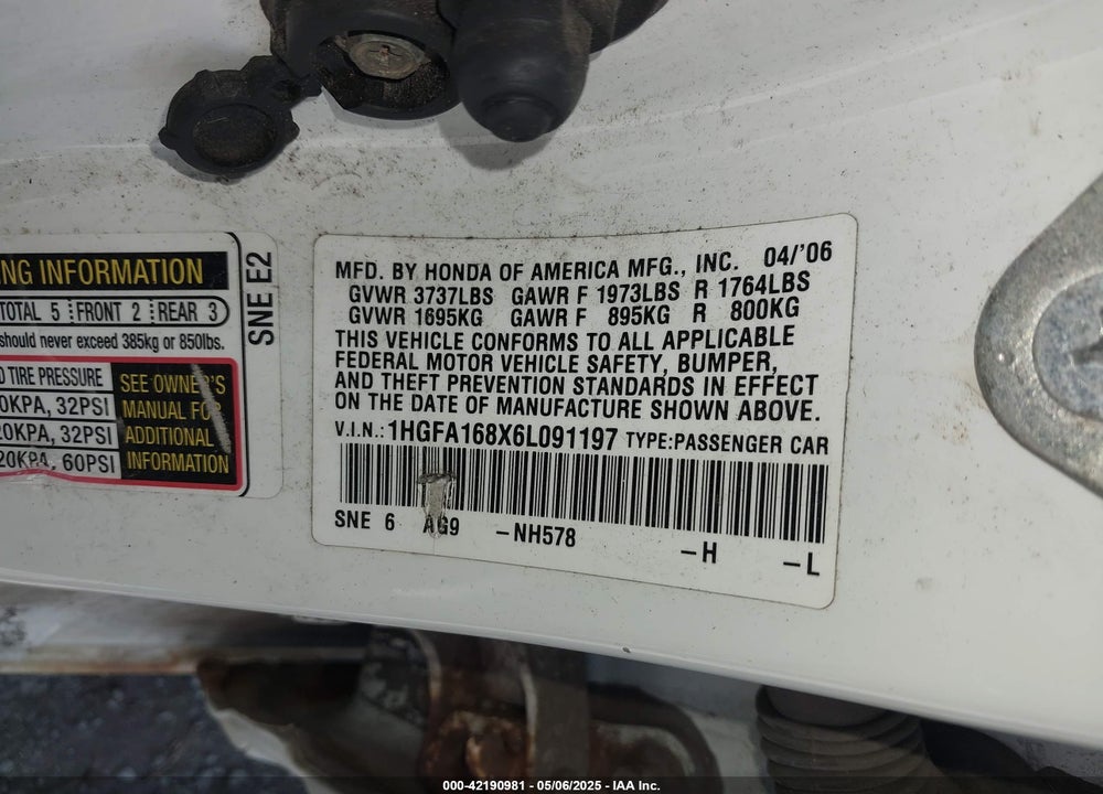2006 HONDA CIVIC VIN: 1HGFA168X6L091197