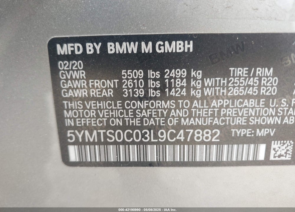 2020 BMW X3 M VIN: 5YMTS0C03L9C47882