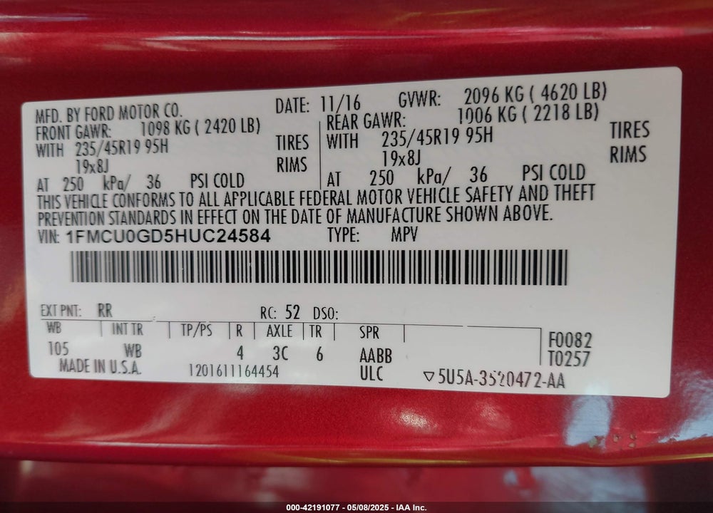 2017 FORD ESCAPE VIN: 1FMCU0GD5HUC24584