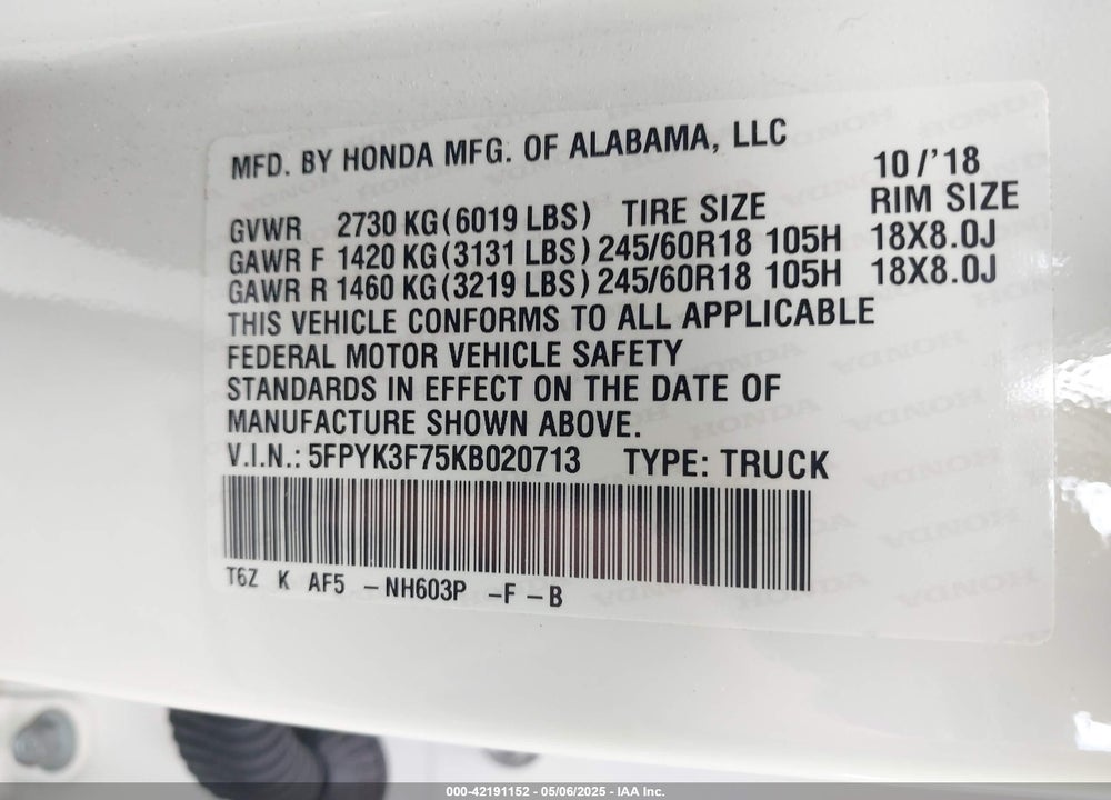 2019 HONDA RIDGELINE VIN: 5FPYK3F75KB020713