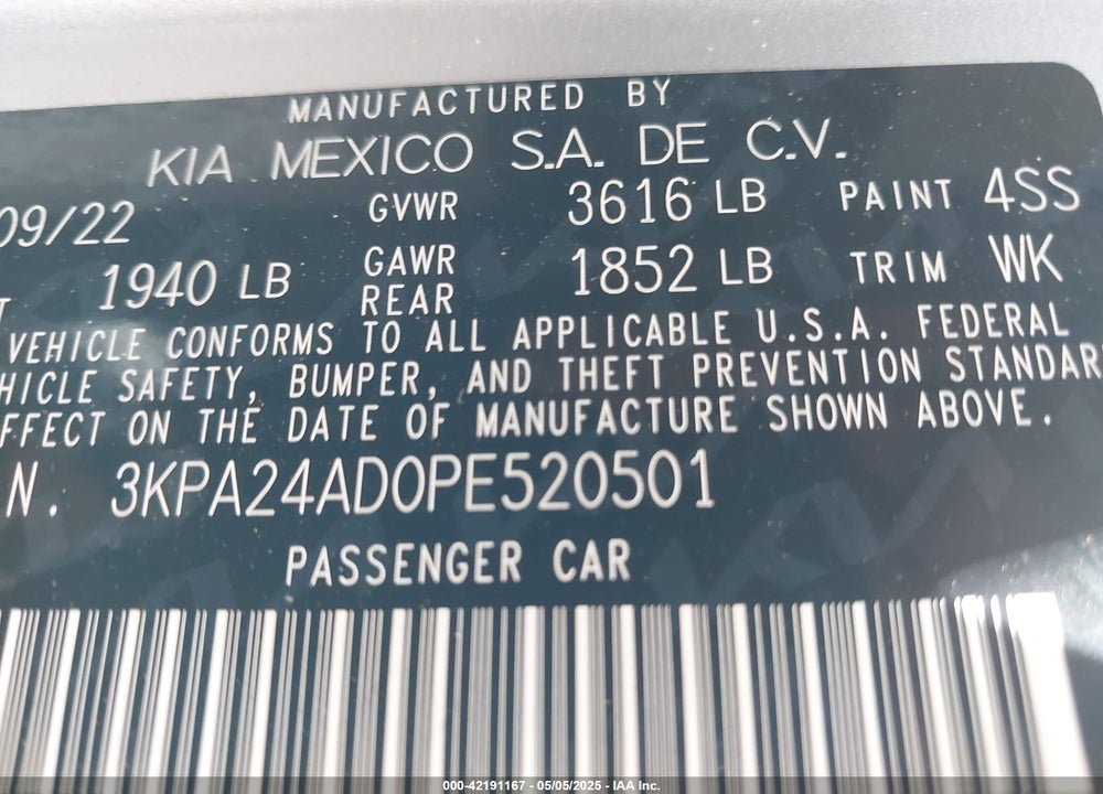2023 KIA RIO VIN: 3KPA24AD0PE520501