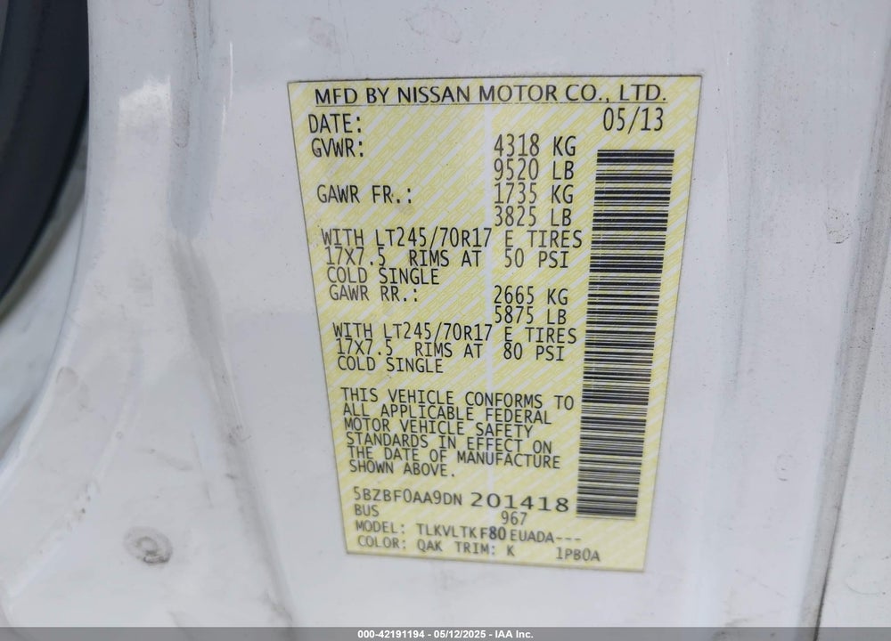 2013 NISSAN NV PASSENGER NV3500 HD SV V6 VIN: 5BZBF0AA9DN201418
