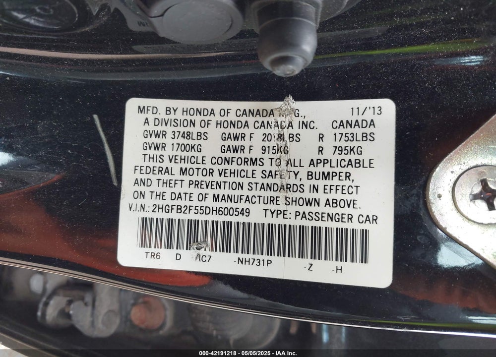 2013 HONDA CIVIC LX VIN: 2HGFB2F55DH600549