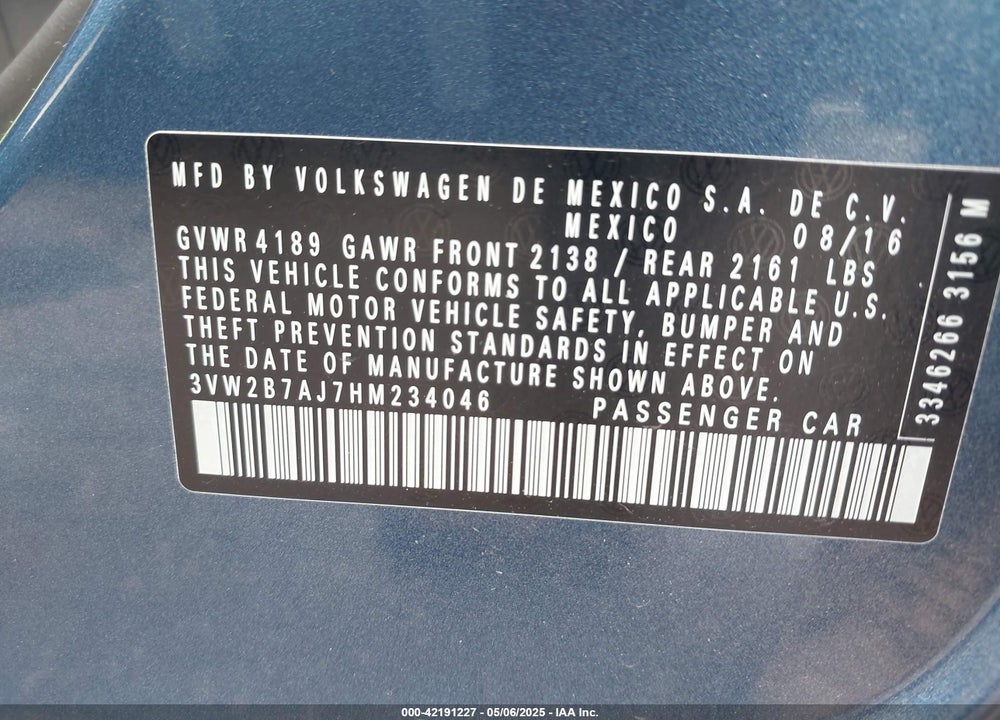 2017 VOLKSWAGEN JETTA VIN: 3VW2B7AJ7HM234046