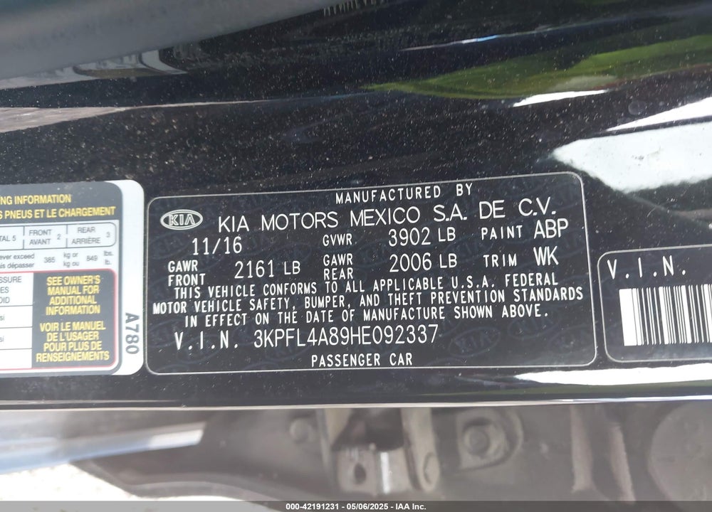2017 KIA FORTE VIN: 3KPFL4A89HE092337
