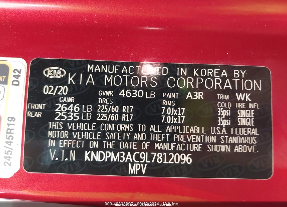 2020 KIA SPORTAGE VIN: KNDPM3AC9L7812096