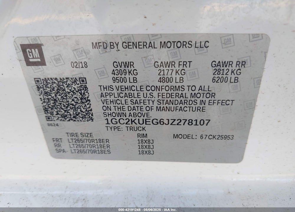 2018 CHEVROLET SILVERADO 2500HD WT VIN: 1GC2KUEG6JZ278107