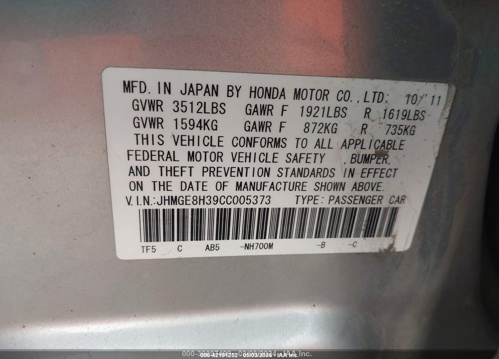 2012 HONDA FIT VIN: JHMGE8H39CC005373