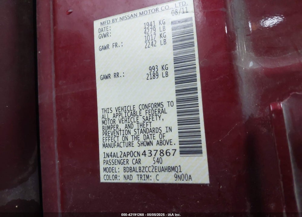 2012 NISSAN ALTIMA 2.5 S VIN: 1N4AL2AP0CN437867