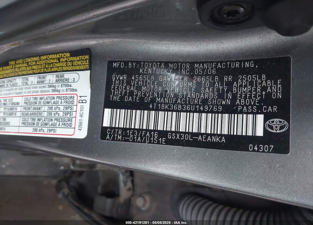 2006 TOYOTA AVALON XL VIN: 4T1BK36B36U149769