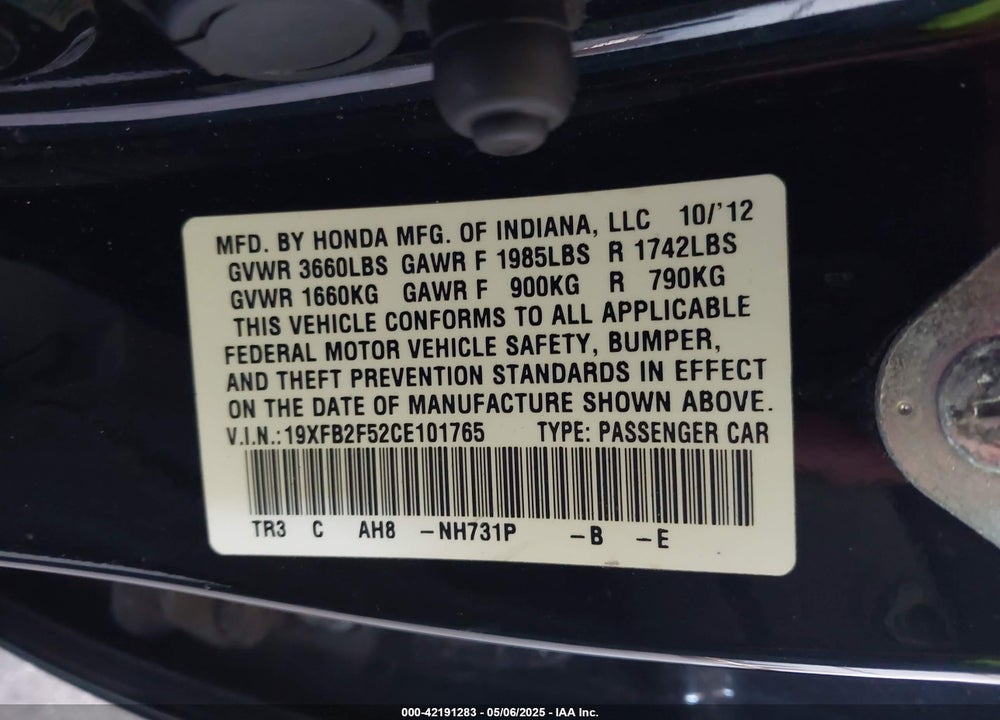 2012 HONDA CIVIC LX VIN: 19XFB2F52CE101765