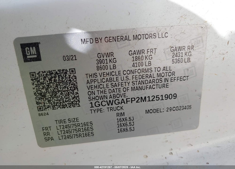 2021 CHEVROLET EXPRESS CARGO RWD 2500 REGULAR WHEELBASE WT VIN: 1GCWGAFP2M1251909