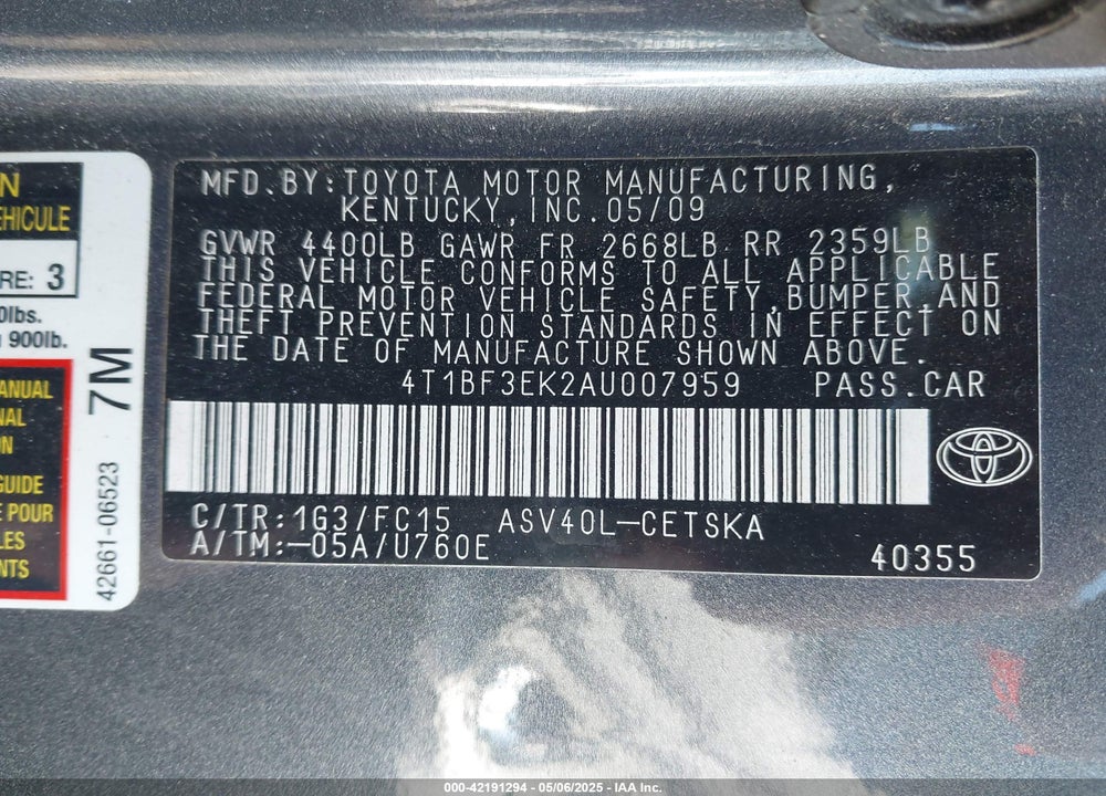 2010 TOYOTA CAMRY SE VIN: 4T1BF3EK2AU007959