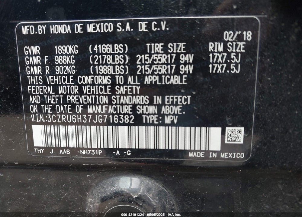 2018 HONDA HR-V VIN: 3CZRU6H37JG716382