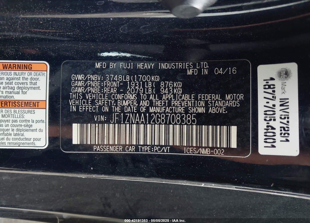 2016 SCION FR-S VIN: JF1ZNAA12G8708385