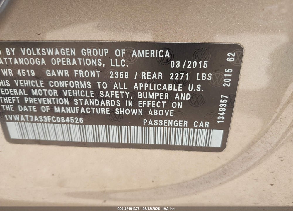 2015 VOLKSWAGEN PASSAT 1.8T WOLFSBURG EDITION VIN: 1VWAT7A33FC084526