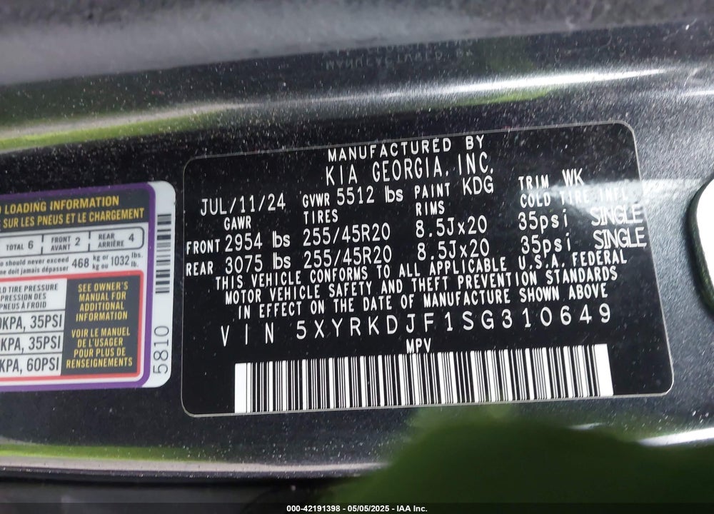 2025 KIA SORENTO VIN: 5XYRKDJF1SG310649