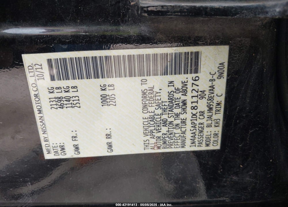 2013 NISSAN MAXIMA VIN: 1N4AA5AP1DC811276