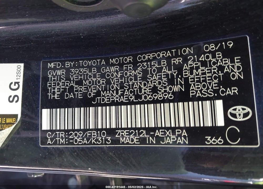 2020 TOYOTA COROLLA VIN: JTDEPRAE9LJ069896
