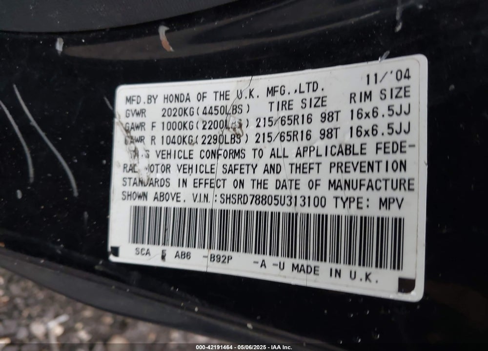 2005 HONDA CR-V EX VIN: SHSRD78805U313100
