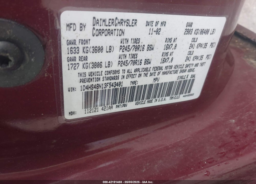 2003 DODGE DURANGO SLT VIN: 1D4HS48N13F543401