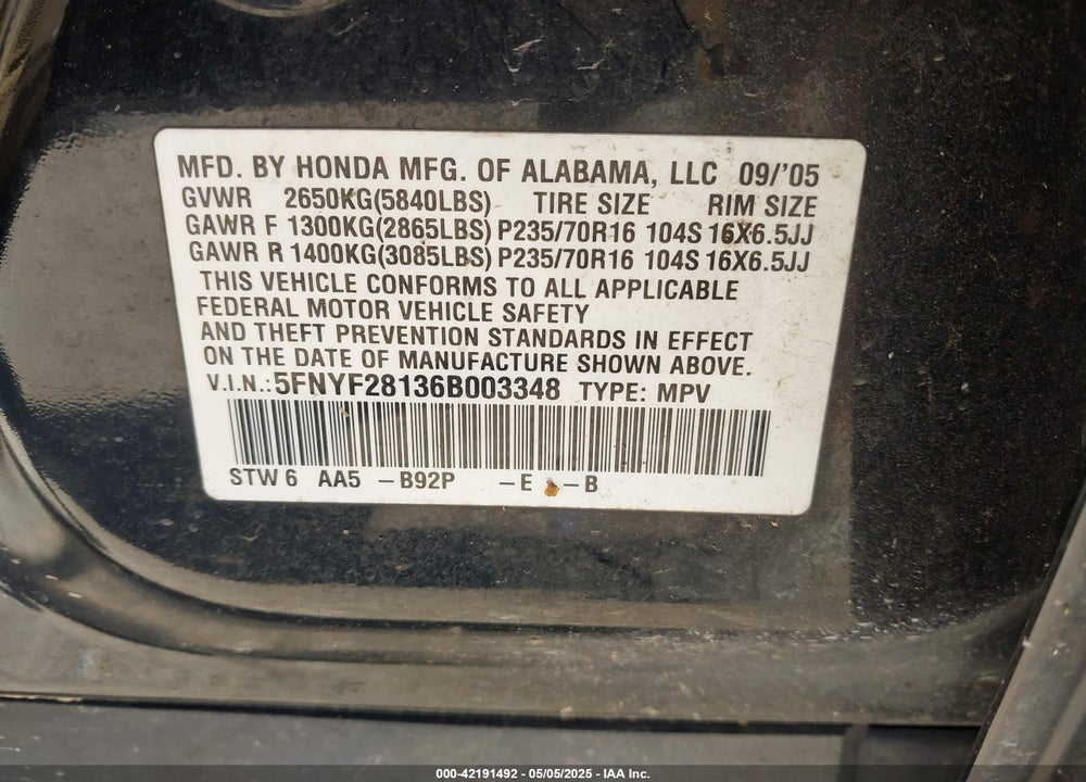 2006 HONDA PILOT VIN: 5FNYF28136B003348