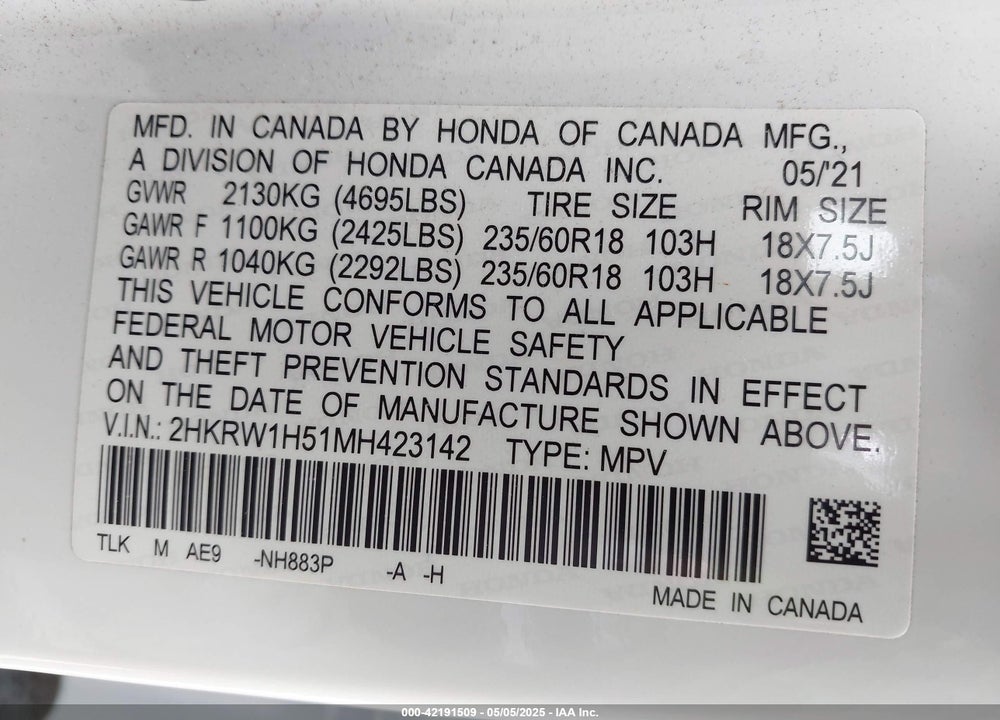2021 HONDA CR-V VIN: 2HKRW1H51MH423142