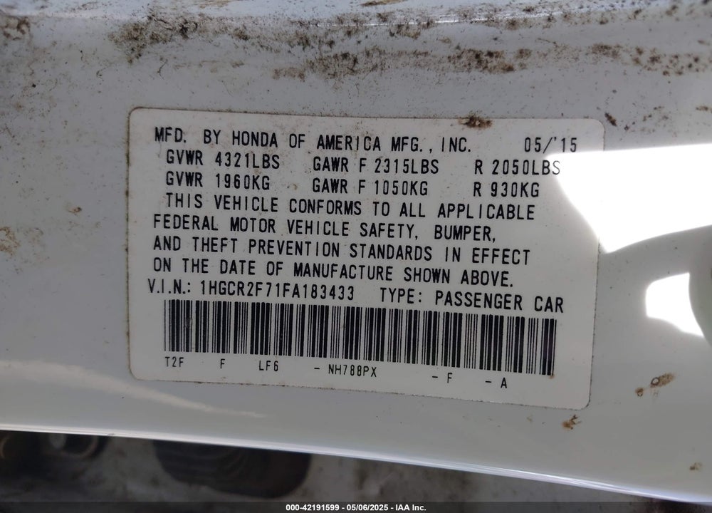 2015 HONDA ACCORD EX VIN: 1HGCR2F71FA183433