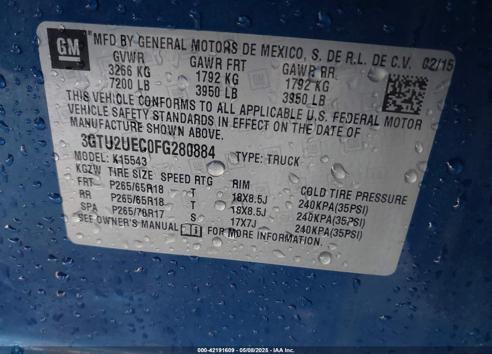 2015 GMC SIERRA 1500 VIN: 3GTU2UEC0FG280884
