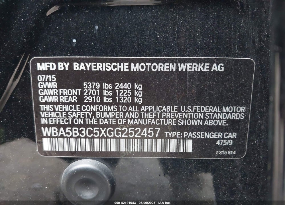 2016 BMW 535I VIN: WBA5B3C5XGG252457