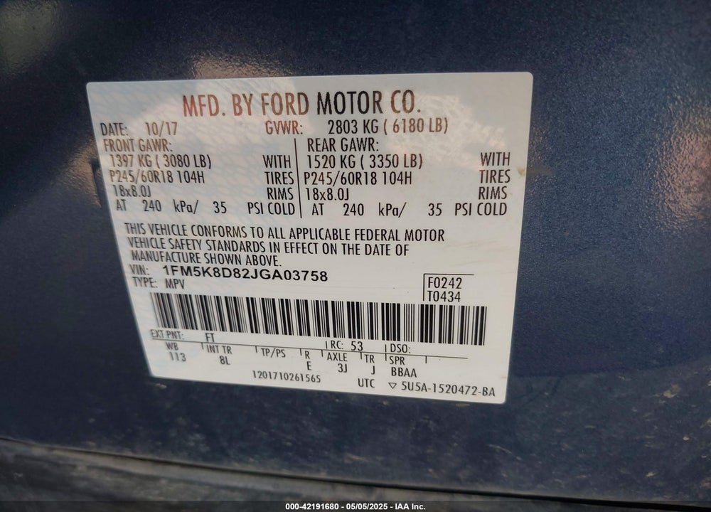 2018 FORD EXPLORER VIN: 1FM5K8D82JGA03758