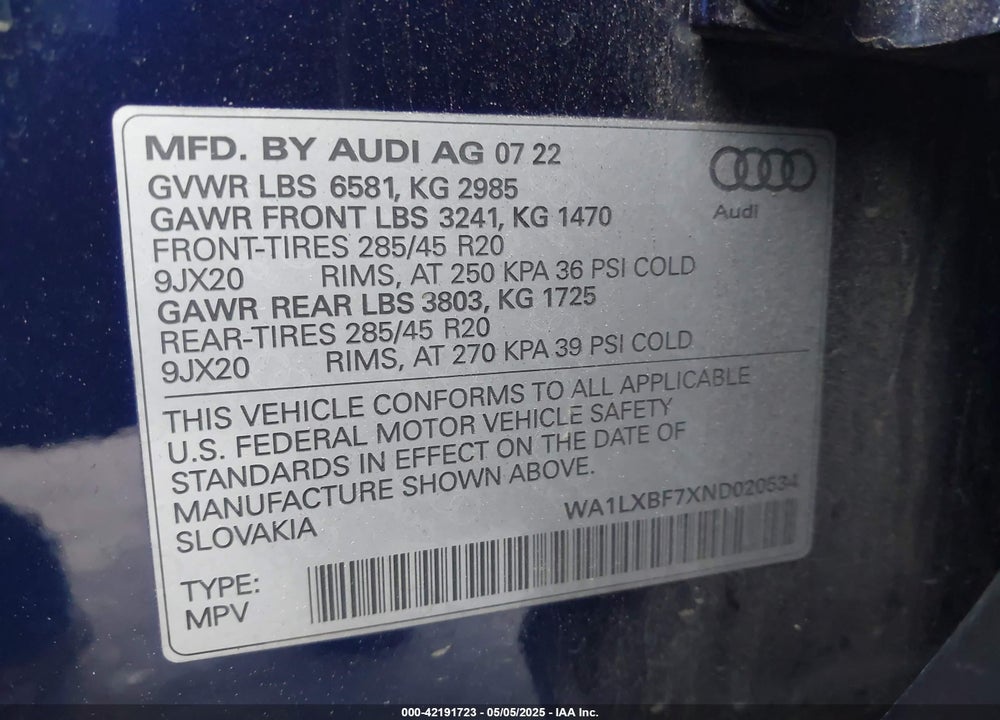 2022 AUDI Q7 PREMIUM PLUS 55 TFSI QUATTRO TIPTRONIC VIN: WA1LXBF7XND020534