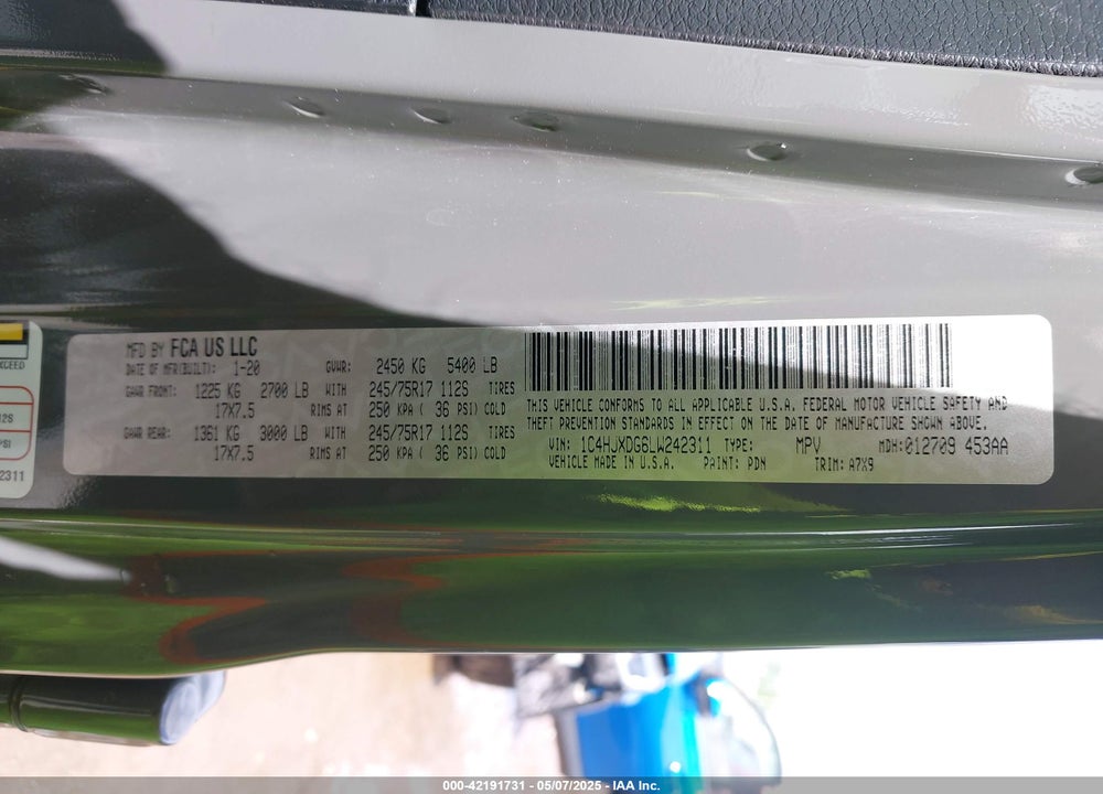 2020 JEEP WRANGLER UNLIMITED VIN: 1C4HJXDG6LW242311