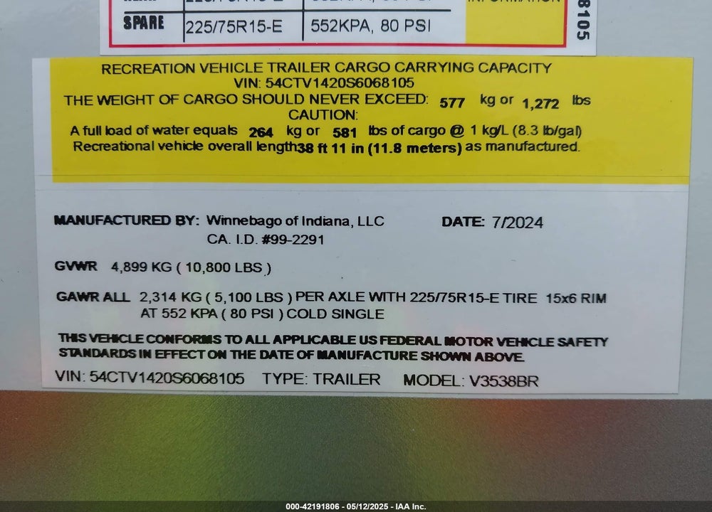 2025 WINNEBAGO VOYAGE VIN: 54CTV1420S6068105