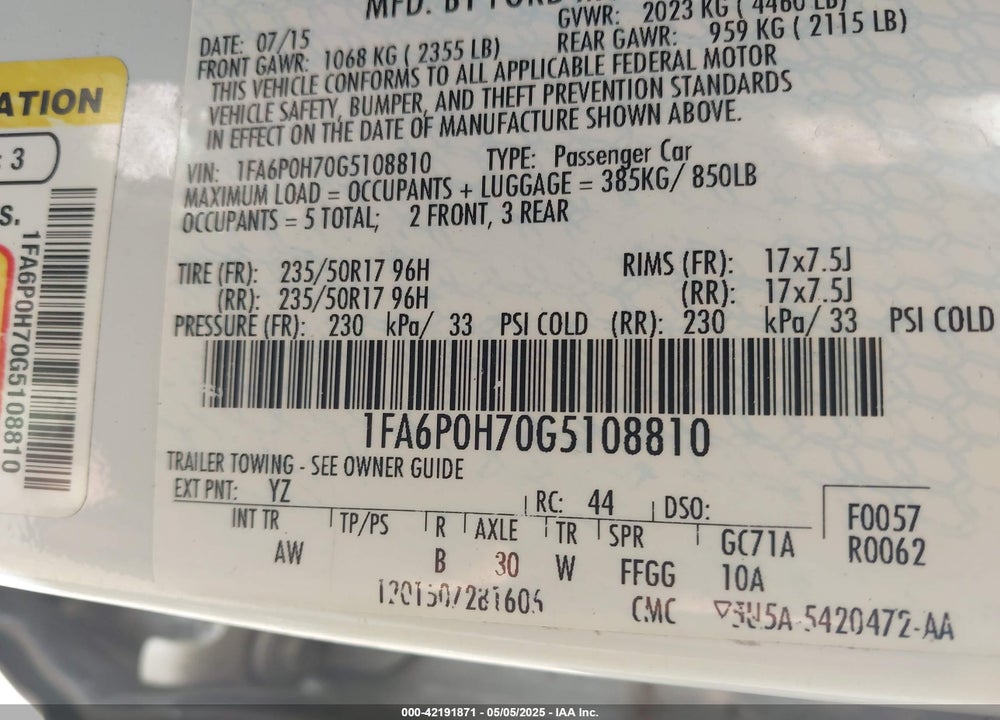 2016 FORD FUSION VIN: 1FA6P0H70G5108810