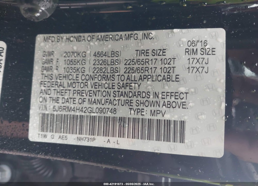 2016 HONDA CR-V VIN: 5J6RM4H42GL090748