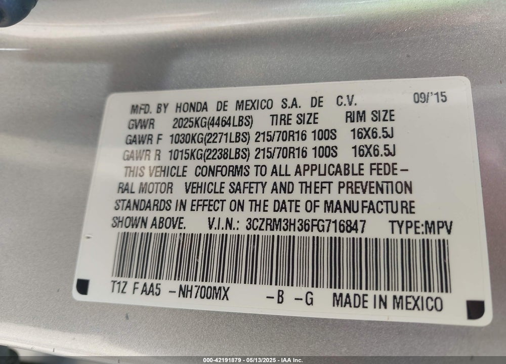 2015 HONDA CR-V VIN: 3CZRM3H36FG716847