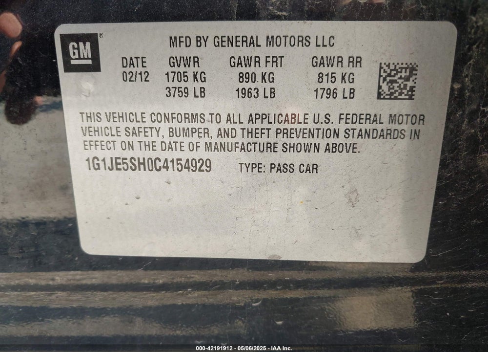 2012 CHEVROLET SONIC VIN: 1G1JE5SH0C4154929