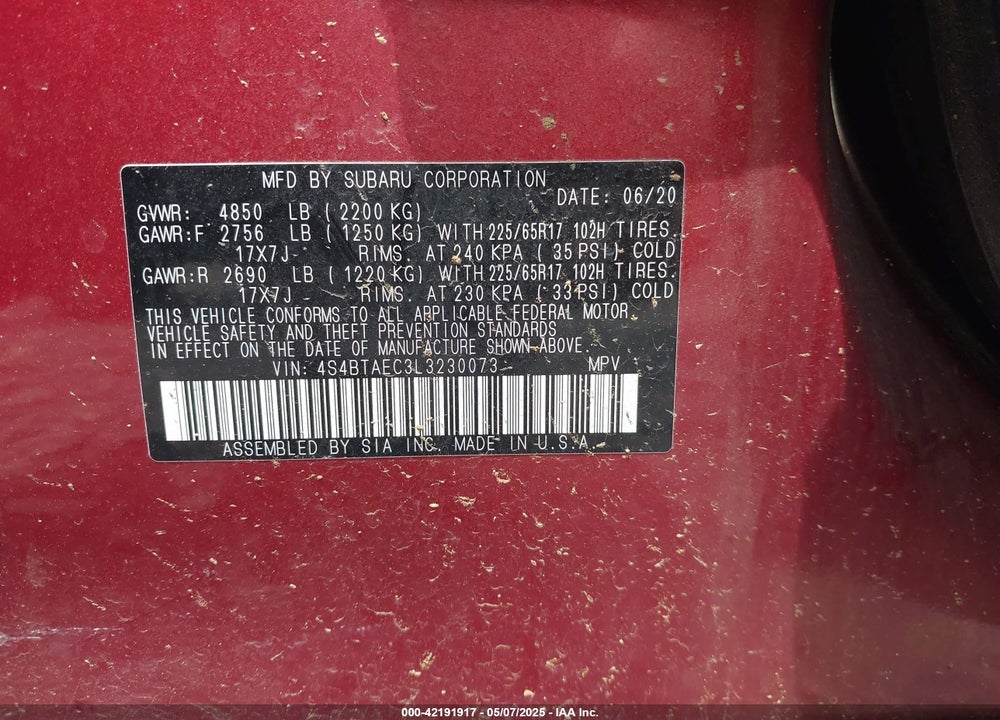 2020 SUBARU OUTBACK VIN: 4S4BTAEC3L3230073