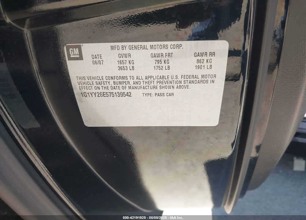 2007 CHEVROLET CORVETTE Z06 HARDTOP VIN: 1G1YY26E575139542