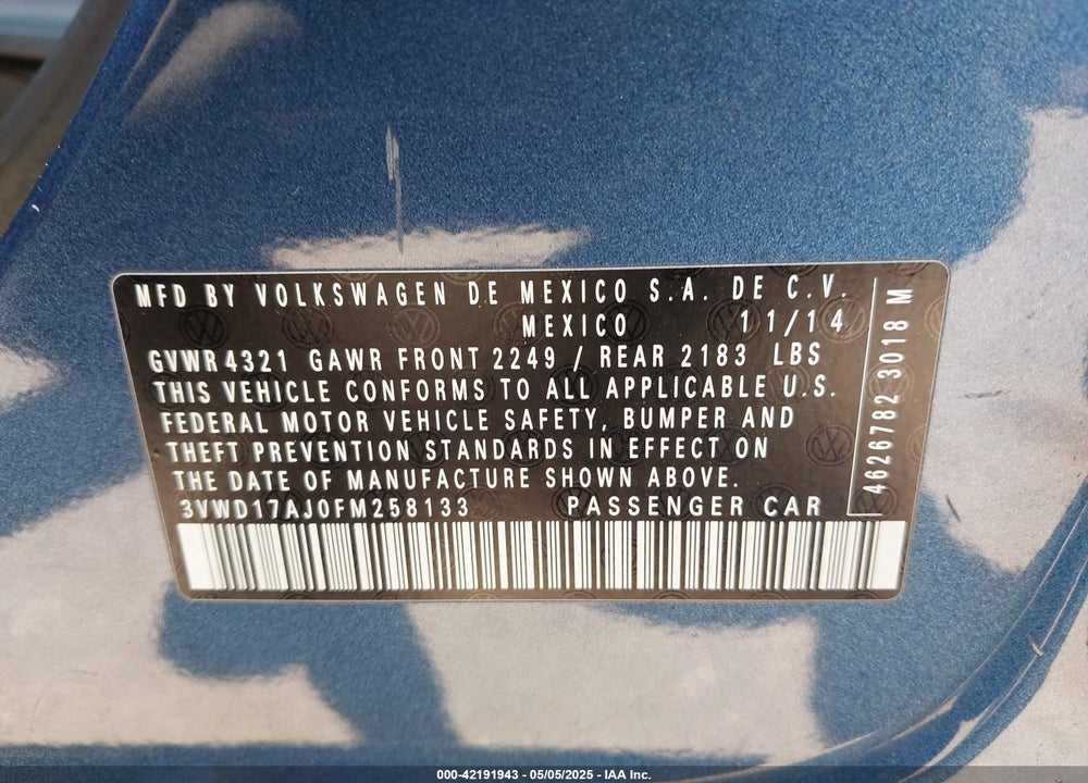 2015 VOLKSWAGEN JETTA VIN: 3VWD17AJ0FM258133
