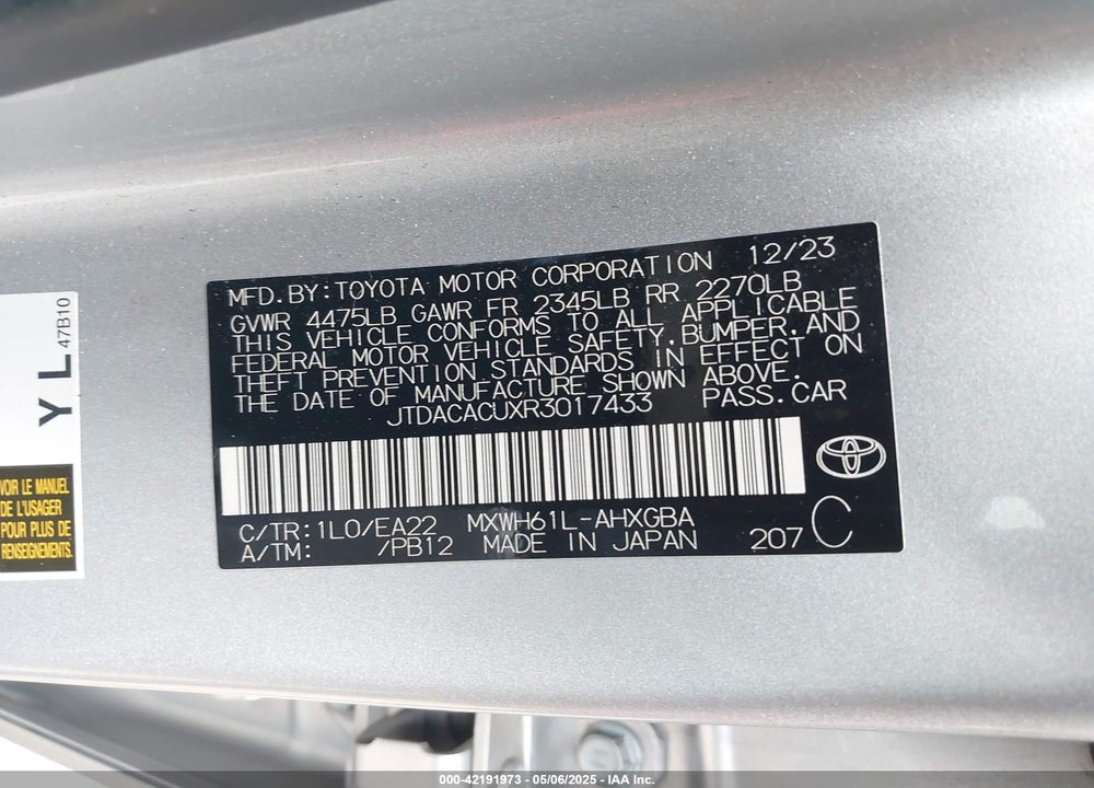 2024 TOYOTA PRIUS PRIME VIN: JTDACACUXR3017433