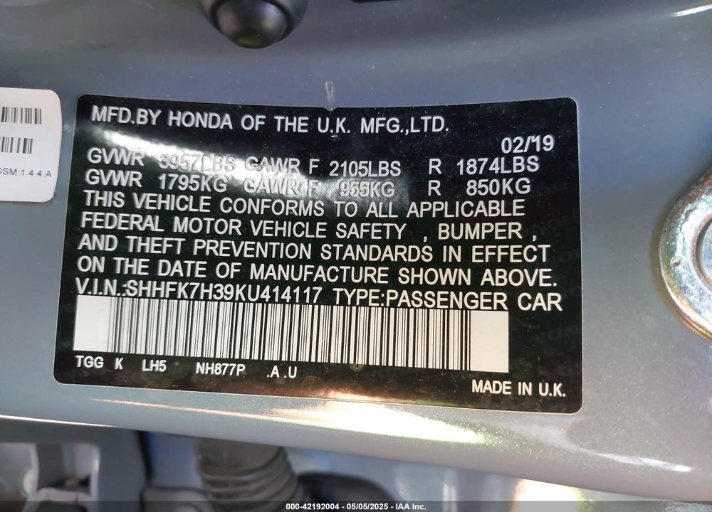 2019 HONDA CIVIC LX VIN: SHHFK7H39KU414117