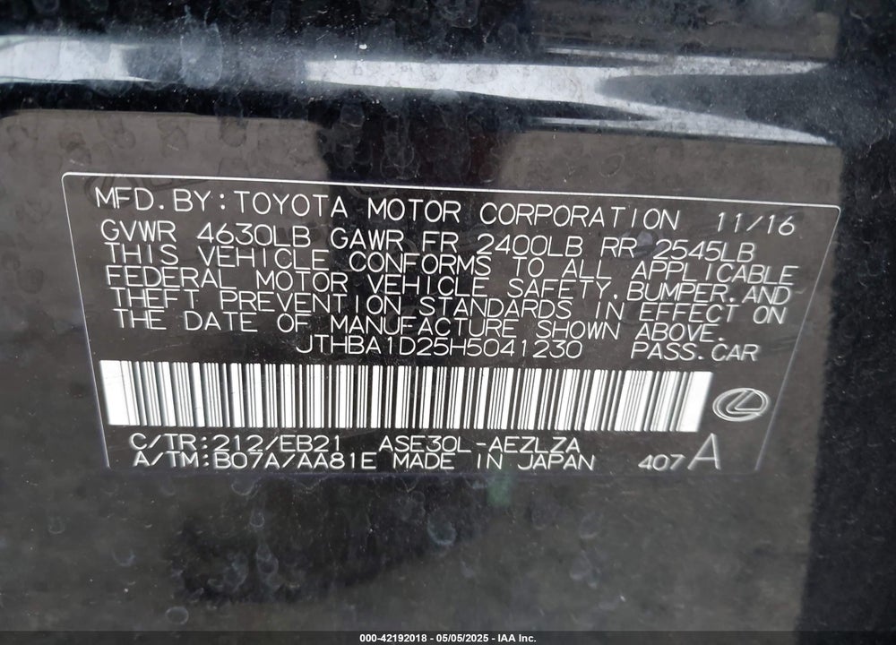 2017 LEXUS IS 200T VIN: JTHBA1D25H5041230