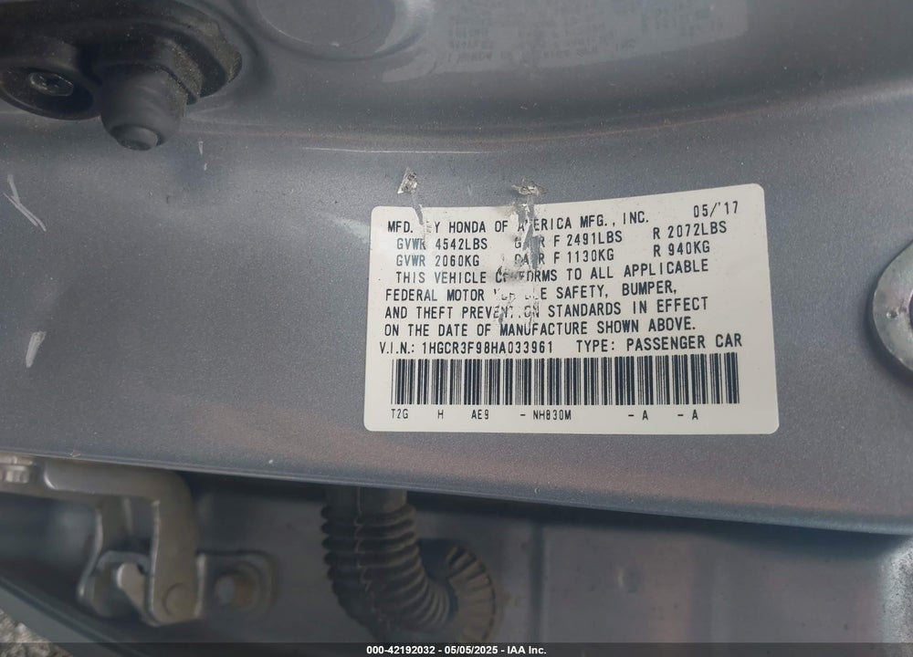 2017 HONDA ACCORD VIN: 1HGCR3F98HA033961
