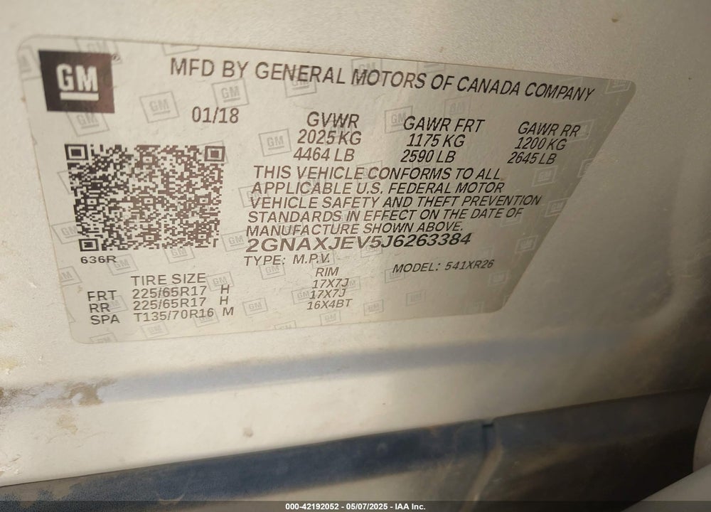 2018 CHEVROLET EQUINOX VIN: 2GNAXJEV5J6263384