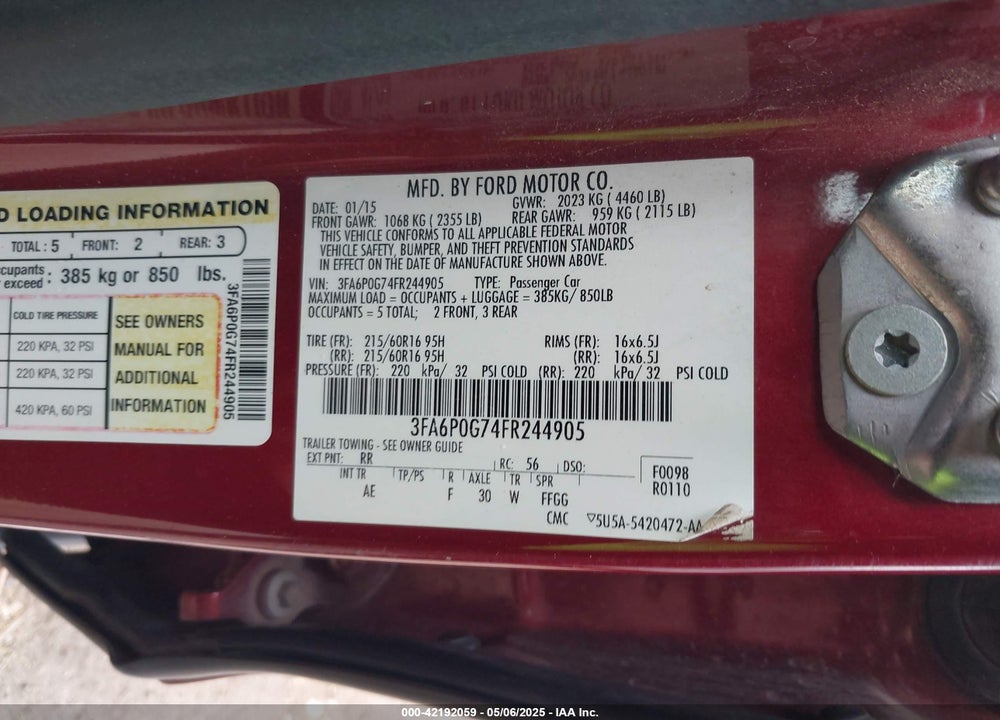 2015 FORD FUSION S VIN: 3FA6P0G74FR244905