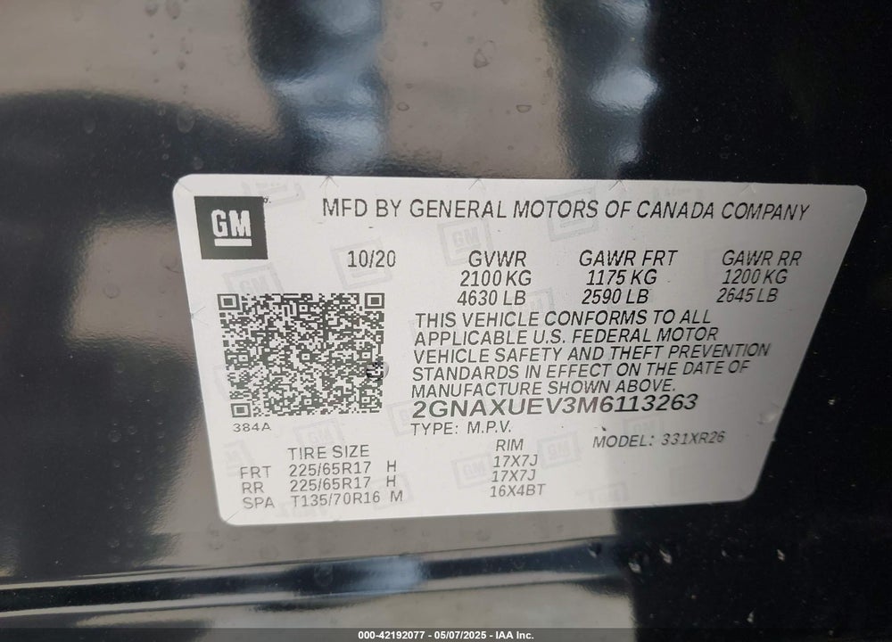 2021 CHEVROLET EQUINOX AWD LT VIN: 2GNAXUEV3M6113263