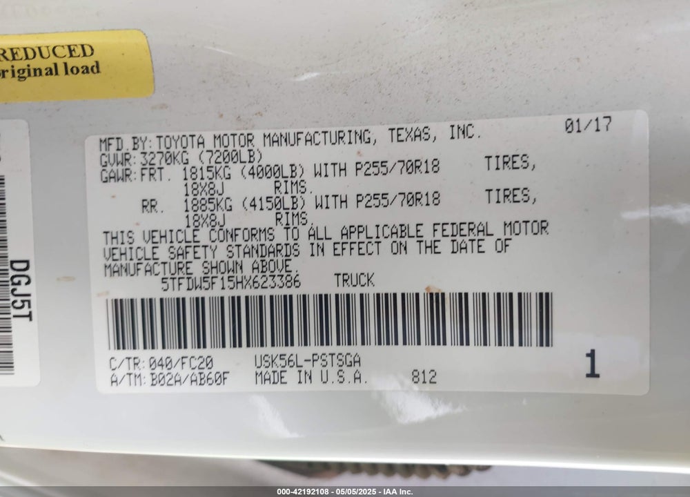 2017 TOYOTA TUNDRA VIN: 5TFDW5F15HX623386